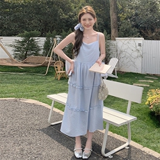 韩式海边度假蓝色吊带裙女2025年夏季新款百搭洋气休闲茶歇长裙潮，女装连衣裙，蝶眷