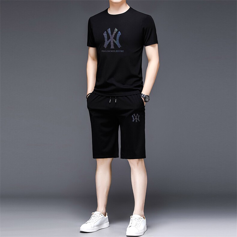 YS-X331夏季男式短袖长裤短裤三件套运动休闲套头修身T恤套装P图片