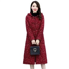 2023冬季新款时尚优雅加绒加厚保暖舒适中长款印花连帽棉衣，女装棉衣/棉服，倪叶myz