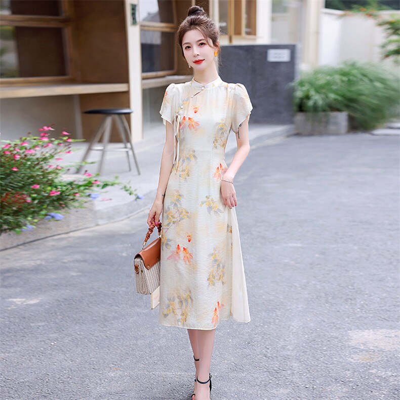 现货2024夏季新款气质修身改良旗袍中式连衣裙,女装连衣裙,盈茜