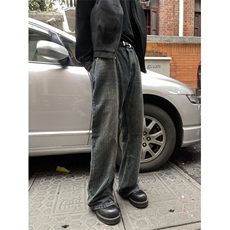 复古水洗做旧黄泥染dirty牛仔裤竹节质感裤拖地直筒男女长裤，男装牛仔裤，星座410-7