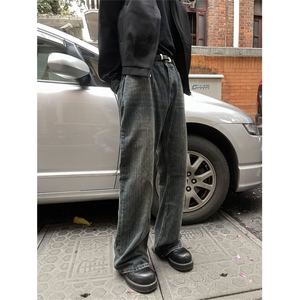复古水洗做旧黄泥染dirty牛仔裤竹节质感裤拖地直筒男女长裤图片