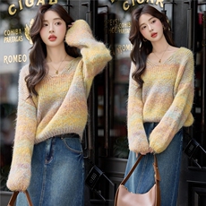 现货！V领套头针织衫时尚女毛衣2025秋季新款宽松好看设计感毛衣，女装针织衫/毛衣，韩宇舍