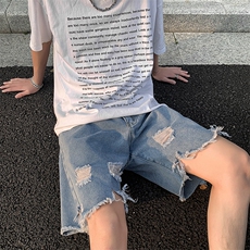 现货夏季美式复古毛边短裤五分乞丐破洞牛仔裤男K5808-P35控58，男装牛仔裤，星座205