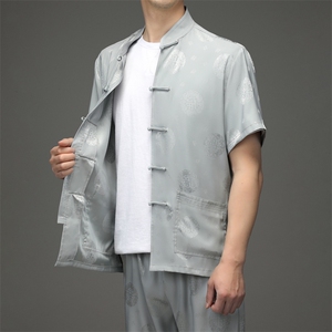 唐装短袖套装夏季中老年爷爷汉服爸爸风男装老年人衣服图片