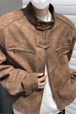 美式复古做旧棕色机车服皮衣外套男春秋小众设计感短款垫肩夹克衫，男装夹克，星座505-2（原电商A260-1)