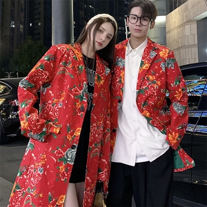 Y001男女中长款休闲风衣外套东北大花帅气外衣潮大码新中式表演出图片