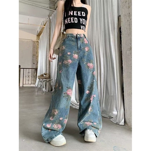 夏季潮牌满印花朵直筒阔腿裤牛仔裤男女长裤显高显瘦N77030图片
