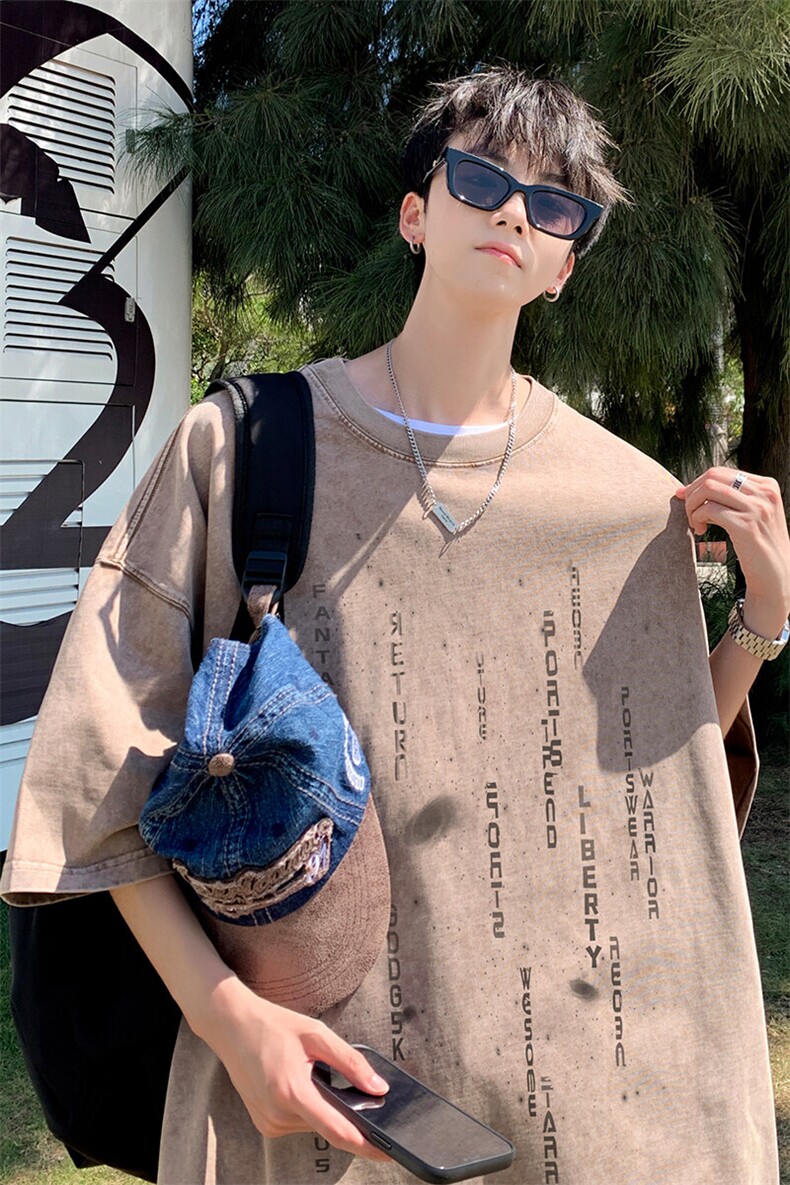 褪色水洗做旧T恤男款短袖夏季美式复古纯棉重磅五分半袖上衣体恤,男装T恤,电商B316
