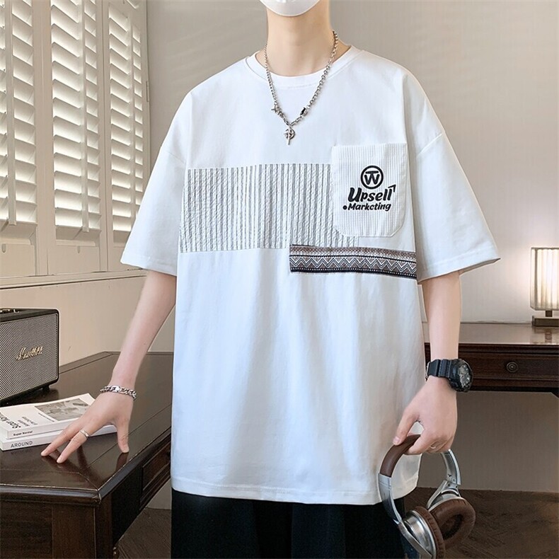 25166-特P40夏季港风宽松男短袖T恤打底衫青少年潮牌拼接印花T恤图片