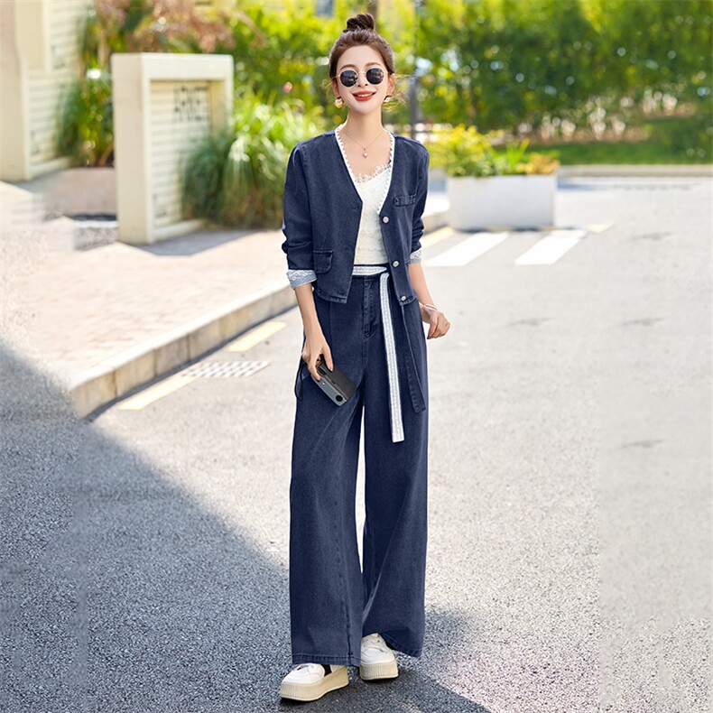 时尚蕾丝花边牛仔套装女2025春季新款超火穿搭短外套阔腿裤两件套,女装套装/套裙,贵人树