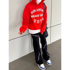 美式高街Vibe风拉链牛仔裤ins潮牌喇叭裤加绒阔腿裤K6087-P48网图图片