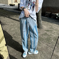 牛仔裤男宽松拖地裤子潮牌ins高街老爹裤扎染直筒阔腿裤N1308-p45，男装牛仔裤，星座1008