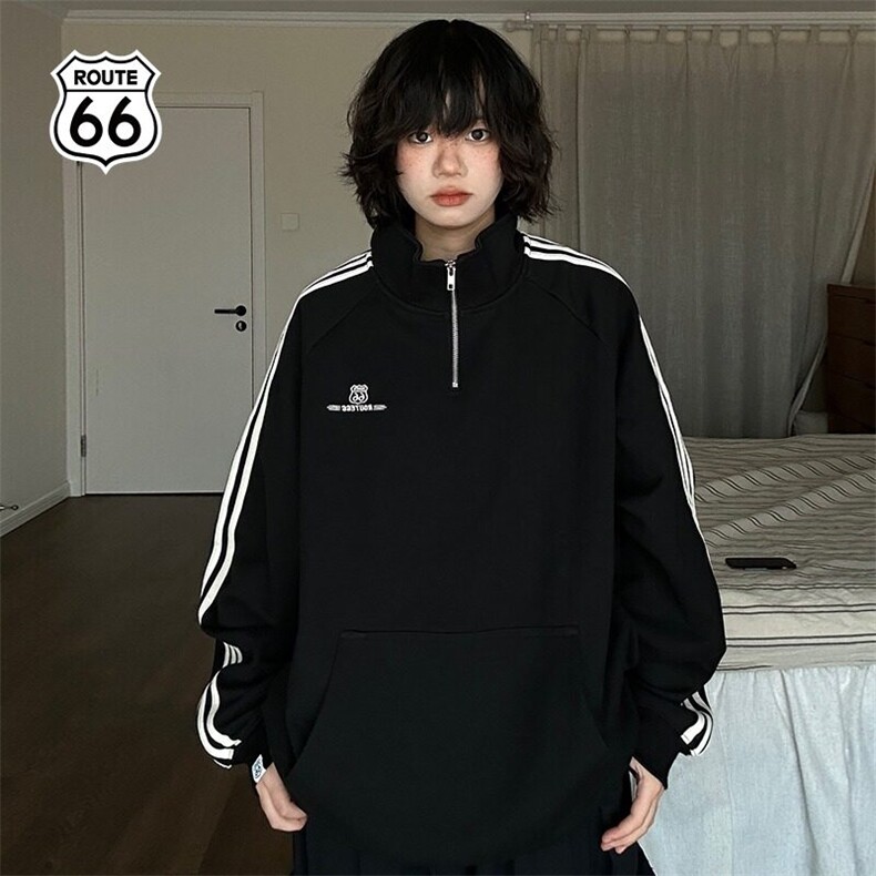 W9650-P48网图现货美式复古华棉复合半拉链立领刺绣卫衣,男装卫衣,星座1608-2