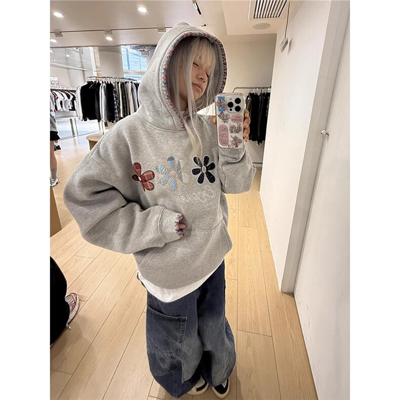 美式高街刺绣花朵卫衣男女秋冬重磅情侣装连帽外套WLW133-P50,女装短外套,星座1008