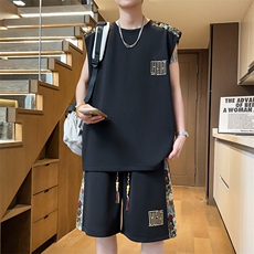 夏季薄款休闲运动套装男刺绣拼接背心短裤两件套A266-TZ2207-P43，男装牛仔裤，电商A266