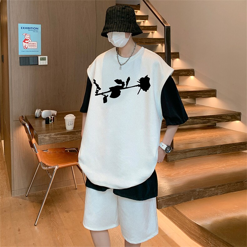 直播美式麂皮绒宽松背心无袖t恤短裤大码两件套套装TZ31-P58,男装T恤,电商A486