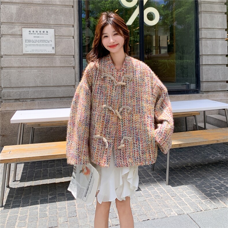法式小香风牛角扣短外套女秋季2025新款巨好看彩色粗花呢夹克上衣,女装短外套,浙宝208