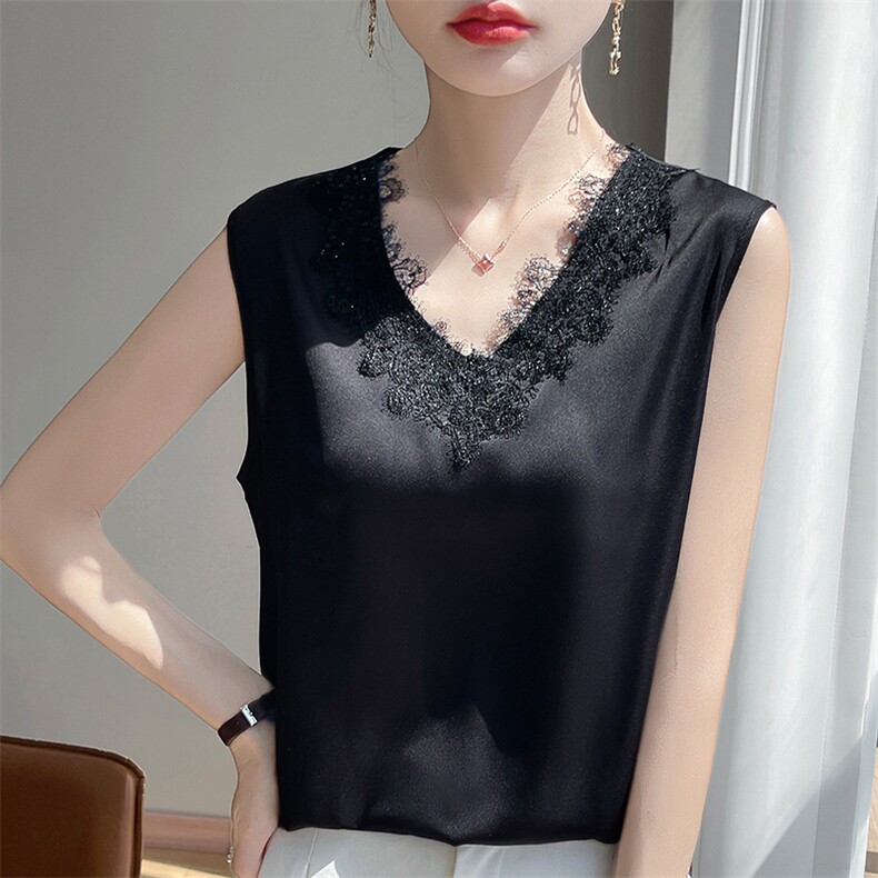 蕾丝V领真丝缎面背心吊带女显瘦醋酸桑蚕丝2025年夏西装打底上衣,女装背心吊带,暖习羊绒