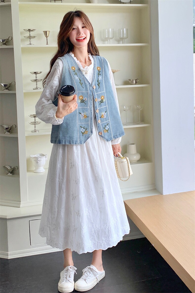 法式文艺风穿搭白色长袖连衣裙配牛仔马甲女春秋超火好看长裙套装,女装套装/套裙,2C169