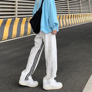 A432-1-R8 P45控65 冬季加绒加厚男女三条杠条纹拖地休闲裤图片