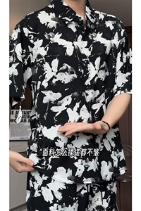 泼墨扎染短裤男短袖衬衫男套装男M-5XL大码TZ78715P50控98模特图图片