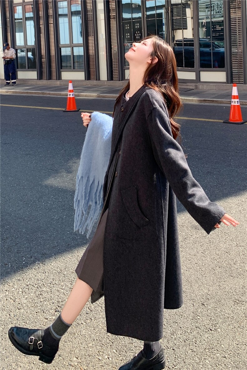现货2025新款双面羊毛呢正反两穿多种搭配连帽羊毛大衣外套,女装双面呢大衣,丝露依尚（原SL）
