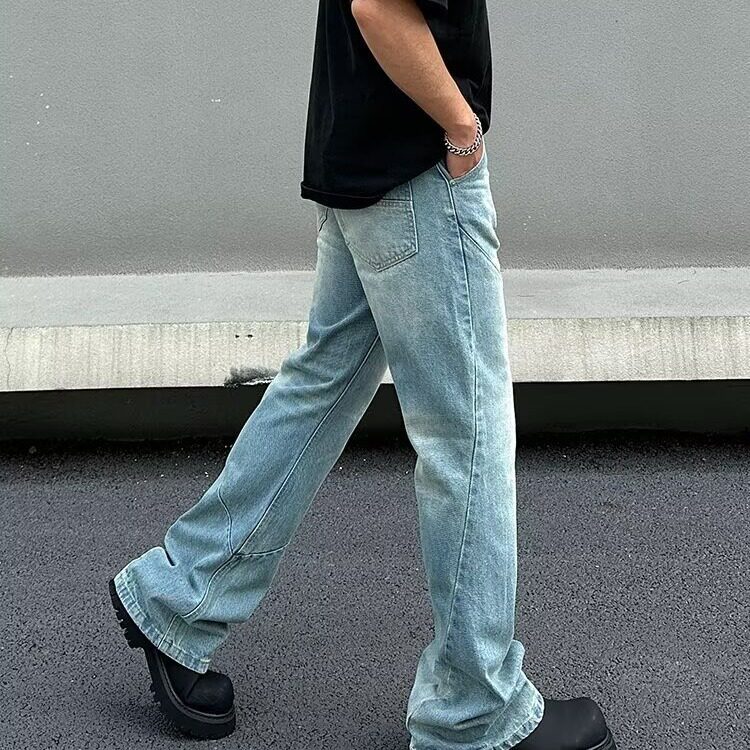 美式复古阔腿牛仔裤男新款高街设计感宽松拖地直筒裤KA7056-P47,男装牛仔裤,星座208-5