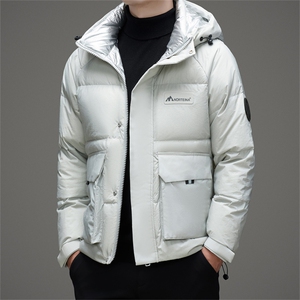 2025新款男士羽绒服中青年冬季短款加厚保暖防寒羽绒服外套男装,驼色皮毛一体毛领中大衣搭配图片图片