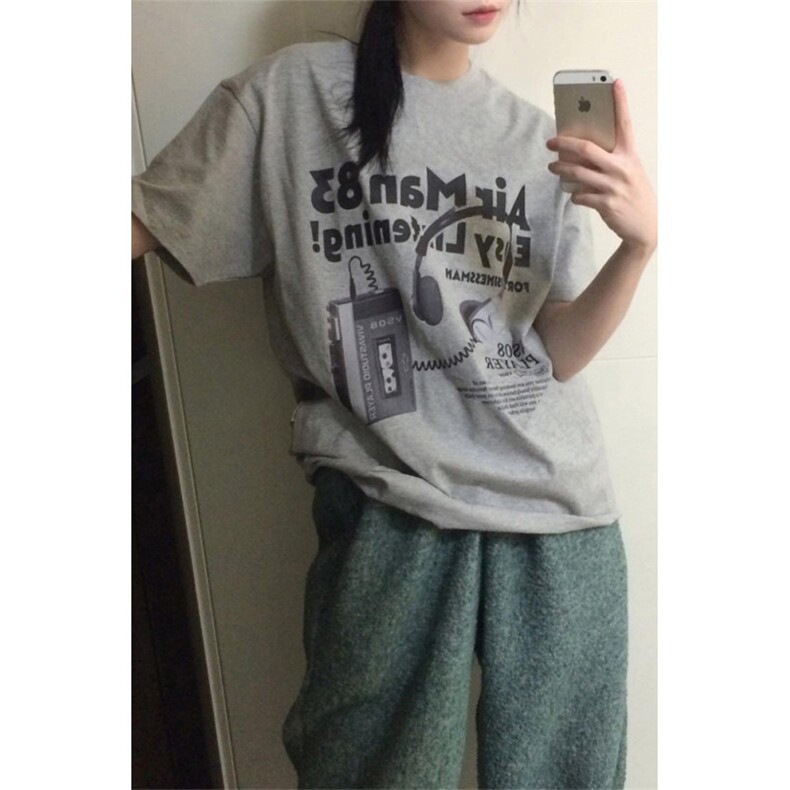 T0744-P25 美式纯棉印花短袖 复古随声听情侣上衣图片