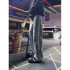 美式高街vibe提花牛仔裤男秋季潮牌水洗直筒休闲裤宽松痞帅微喇裤，男装牛仔裤，星座506A