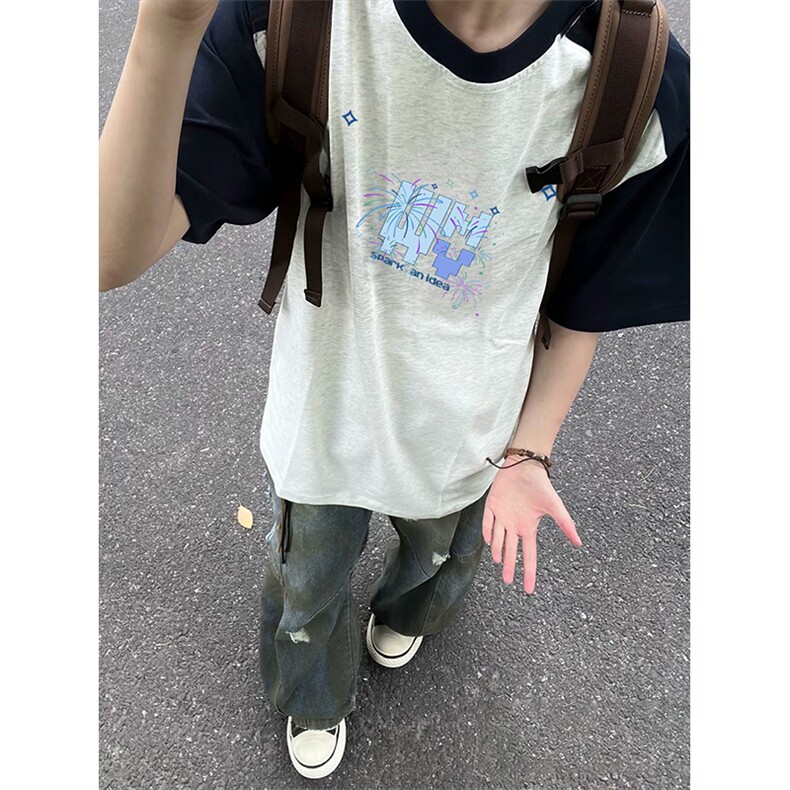 抖音得物高品质二开240克宽松纯棉美式潮牌插肩袖拼接短袖T恤图片