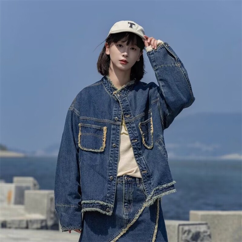 慵懒潮流日系流行气质早秋新款法式复古棉麻撞色绣花牛仔外套新款图片