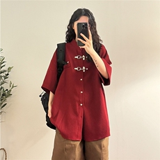 美式复古高街金属扣短袖衬衫男夏季潮牌高级感华夫格宽松情侣衬衣，男装T恤，星座1210-1