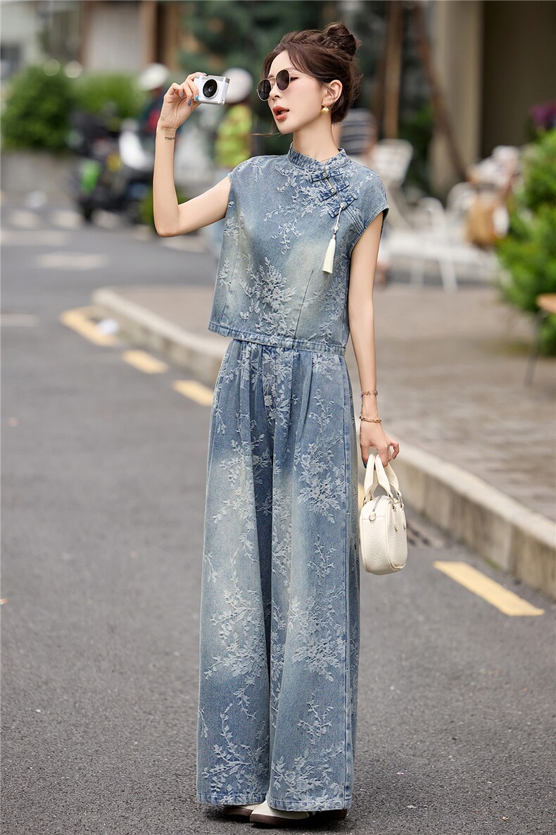 现货主推2026年夏季新款女装时尚休闲气质牛仔提花新中式套装,女装套装/套裙,关键词