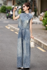 现货主推2026年夏季新款女装时尚休闲气质牛仔提花新中式套装，女装套装/套裙，关键词