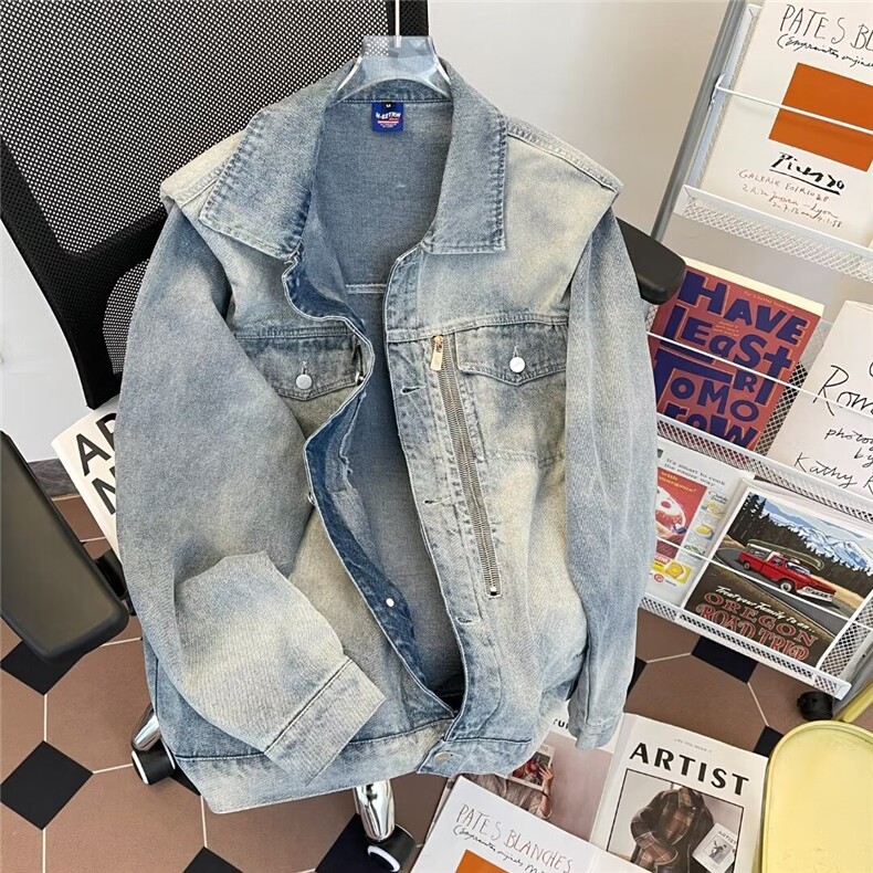 得物品质秋款男牛仔夹克衫渐变色工装双拉链垫肩外套JK8928P75,男装夹克,星座1013-1