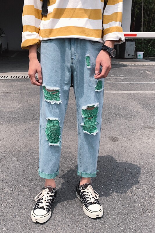 网红ins男女绿色破洞牛仔裤chic韩版潮流港味九分裤N/,男装牛仔裤,电商D202