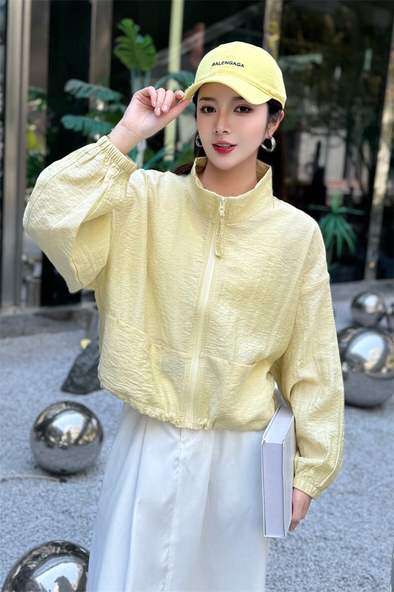 立领宽松防晒衣女夏季短款黄色休闲薄显瘦黄色设计感防晒服蝙蝠袖,女装短外套,深水步