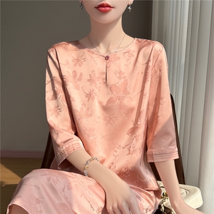 缎面中式圆领七分袖连衣裙女士图片