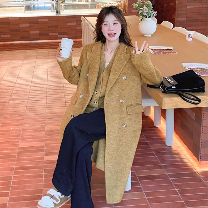超好看高级感驼色马甲配双面羊绒大衣女秋冬中长款毛呢外套,女装羊绒大衣,浙宝305