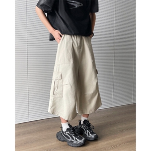 潮牌复古褶皱多口袋工装短裤男女美式夏季宽松百搭七分裤D084-P55图片