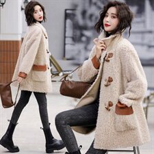 2020冬季新款简约潮流时尚舒适翻领拼接仿羊羔毛外套，女装羊羔毛/颗粒绒，千千佰惠