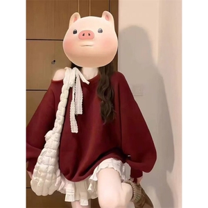 MM168-P70 美式甜辣露肩圣诞穿搭红色毛衣女秋冬宽松针织衫图片