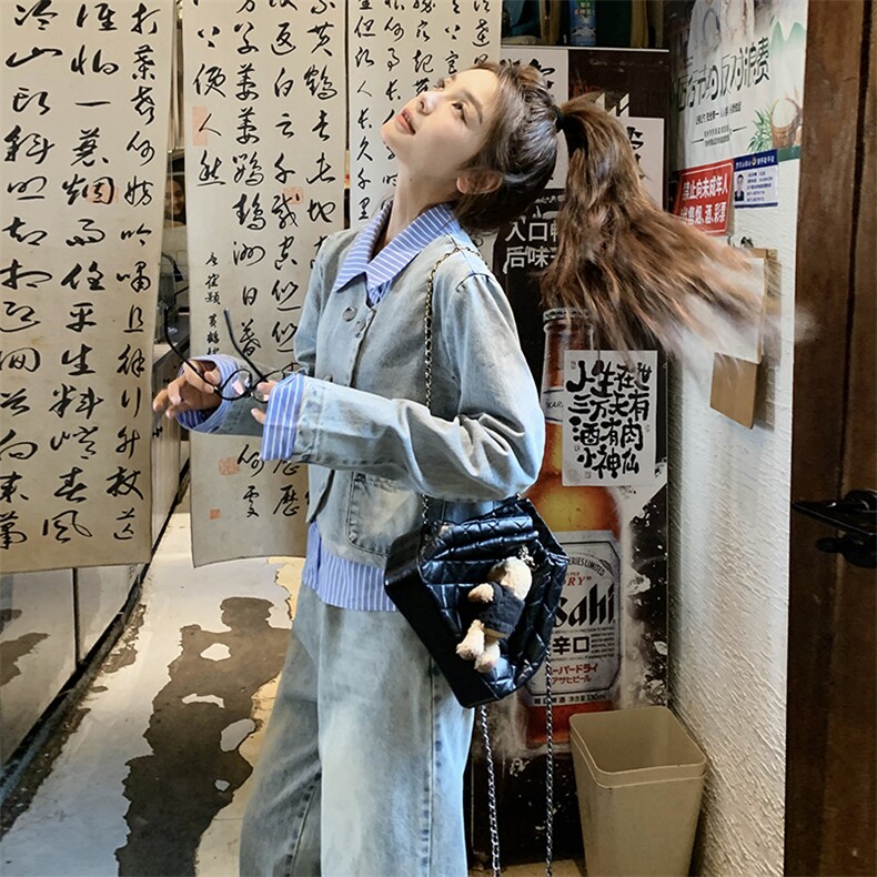 条纹拼接牛仔套装女春秋流行盐系炸街小众冷淡系两件套爆款搭配,女装套装/套裙,2C239