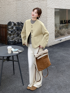 卡其色双面羊绒大衣女短款2025新款韩版时尚单排扣宽松毛呢外套图片