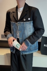 秋季潮男设计款牛仔拼接外套男个性休闲帅气小西服男JK2302-P145，男装西服，电商B267