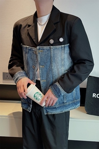 秋季潮男设计款牛仔拼接外套男个性休闲帅气小西服男 JK2302-P145图片