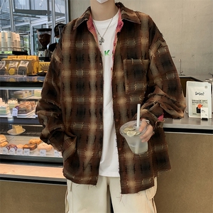 E03P70青年男生休闲格子衬衫双面外套上衣港风青年男装