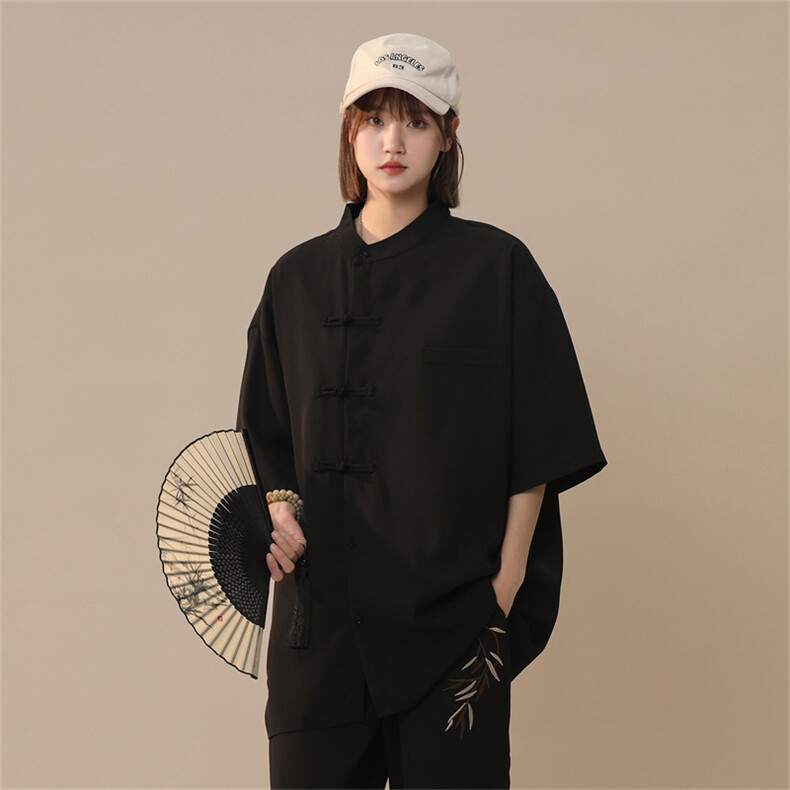 C9068/P35夏季新款立领新中式风格盘扣垂感衬衫男衬衣潮大码上衣,女装衬衫,电商A141